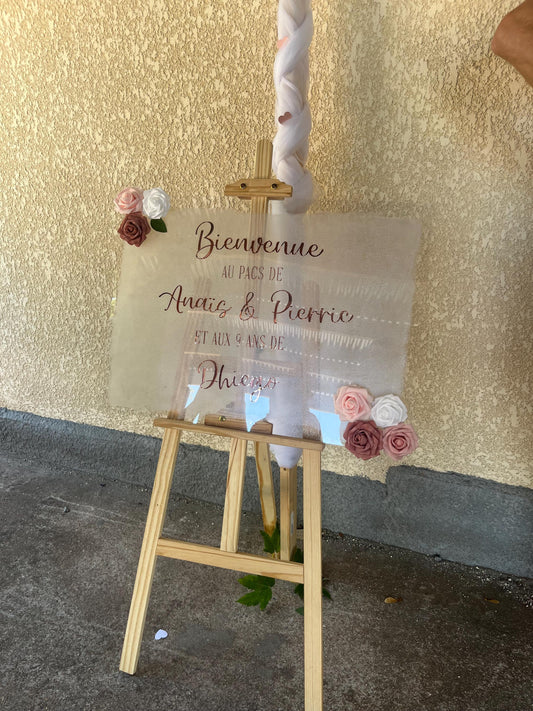 Panneau personnalisé PACS, mariage ou baptême - Décoration florale bohème, cadeau unique fait main